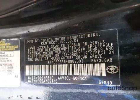 2004 Toyota Camry Solara Se z USA, uszkodzony, nr VIN 4T1CE38P64U868693